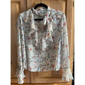🧺Verte | Floral Flutter Chiffon Semi-sheer Blouse | Medium